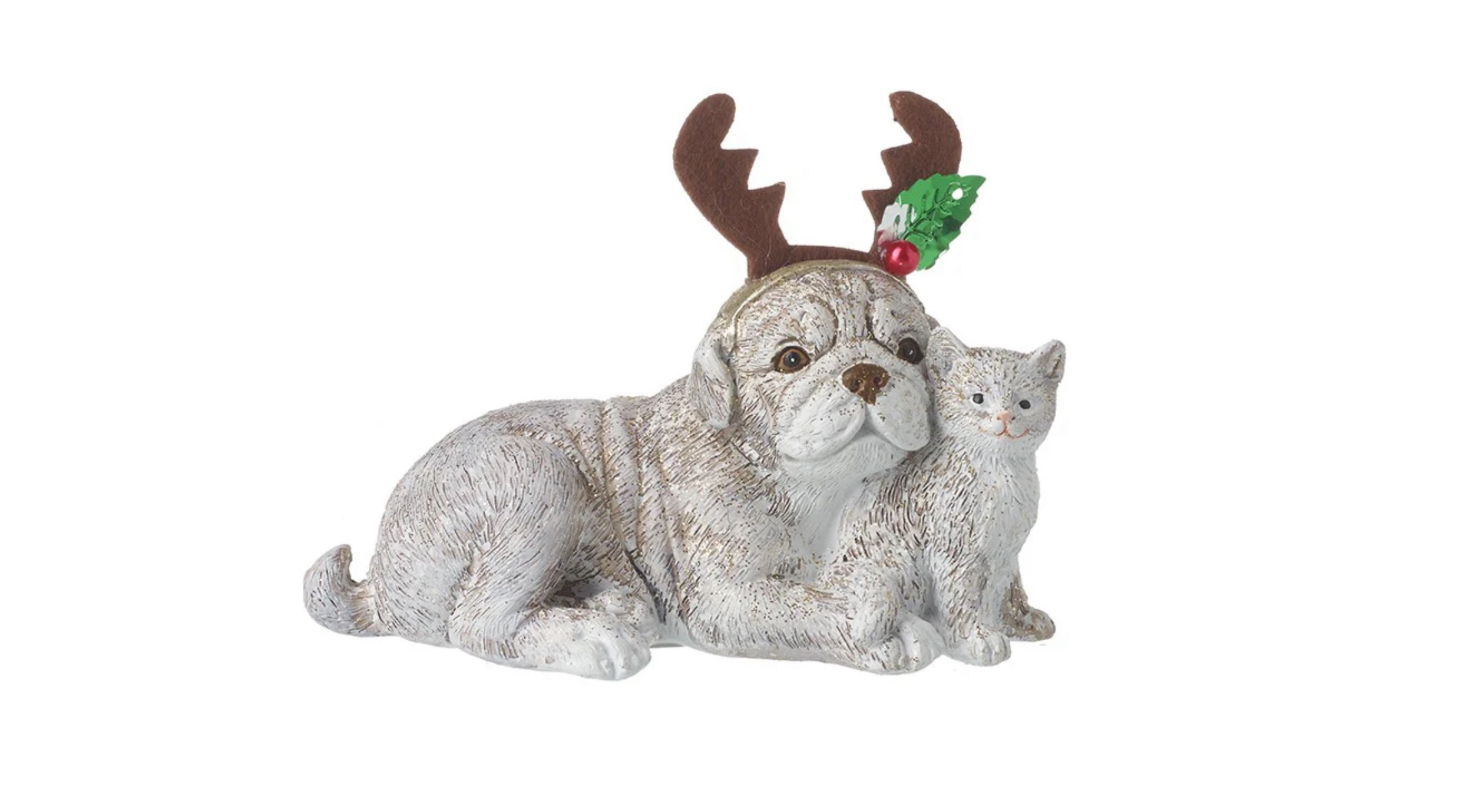 Festive Dog and Cat with Reindeer Antlers Ornament